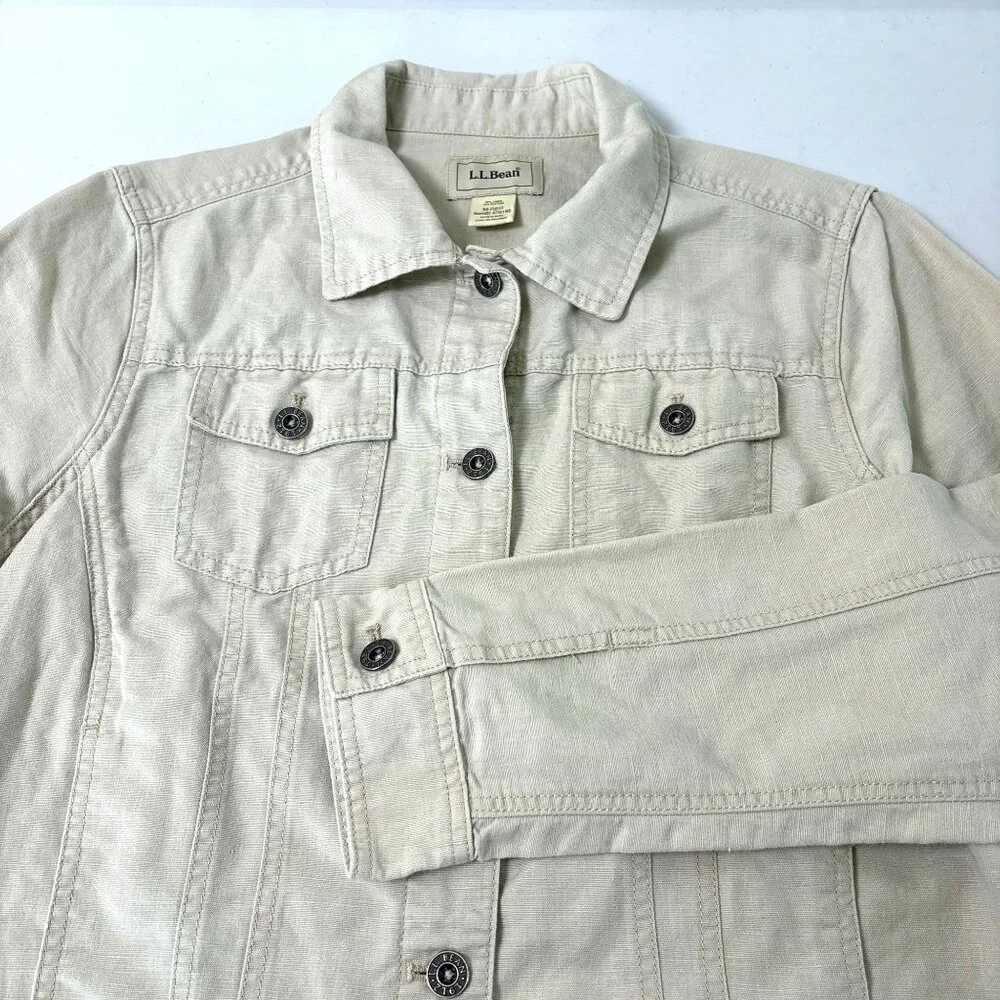 LL Bean‎ Utility Jacket Womens M Reg Tan Linen Blend Pockets Button Front